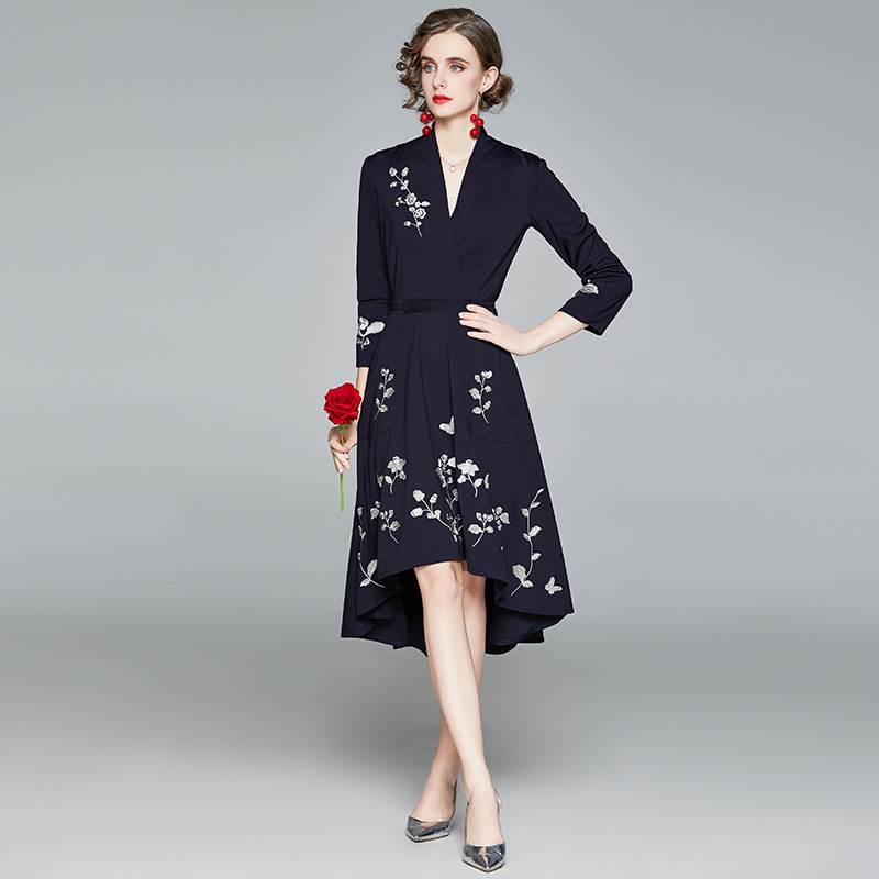 ワンピース ドレス 膝丈 パーティドレス ミモレ丈 フィッシュテール 袖あり ネイビー 花柄 刺繍 シック カッコイイ 個性的 フォーマル ワンピドレス 結婚式 二次会 お呼ばれ パーティ Vネック