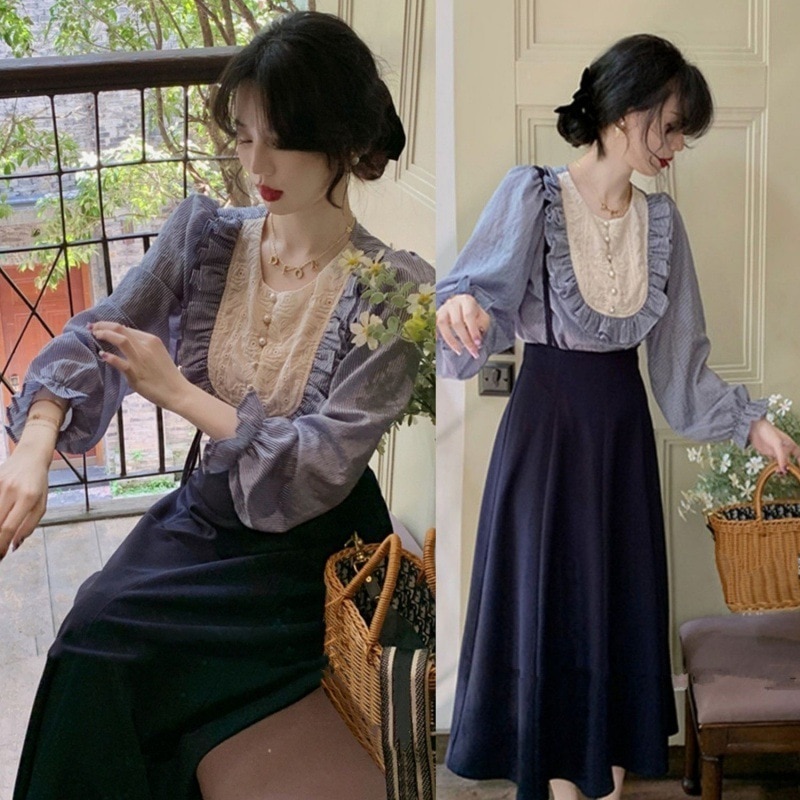 大きいサイズ女性春秋太mm社交家フレンチレトロフリルストライプシャツ+サスペンダースカートツーピーススーツ200ポンド