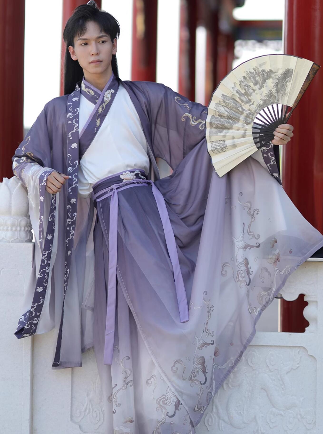 紫 グラデーション 漢服 3点セット 大人 男女兼用 おしゃれ 交差襟 ロング丈羽織付き 振り袖 飄逸 メンズ レディース チャイナ服 古代古典 武侠 侠客 剣士 中華服 中華時代劇 コスチューム エ