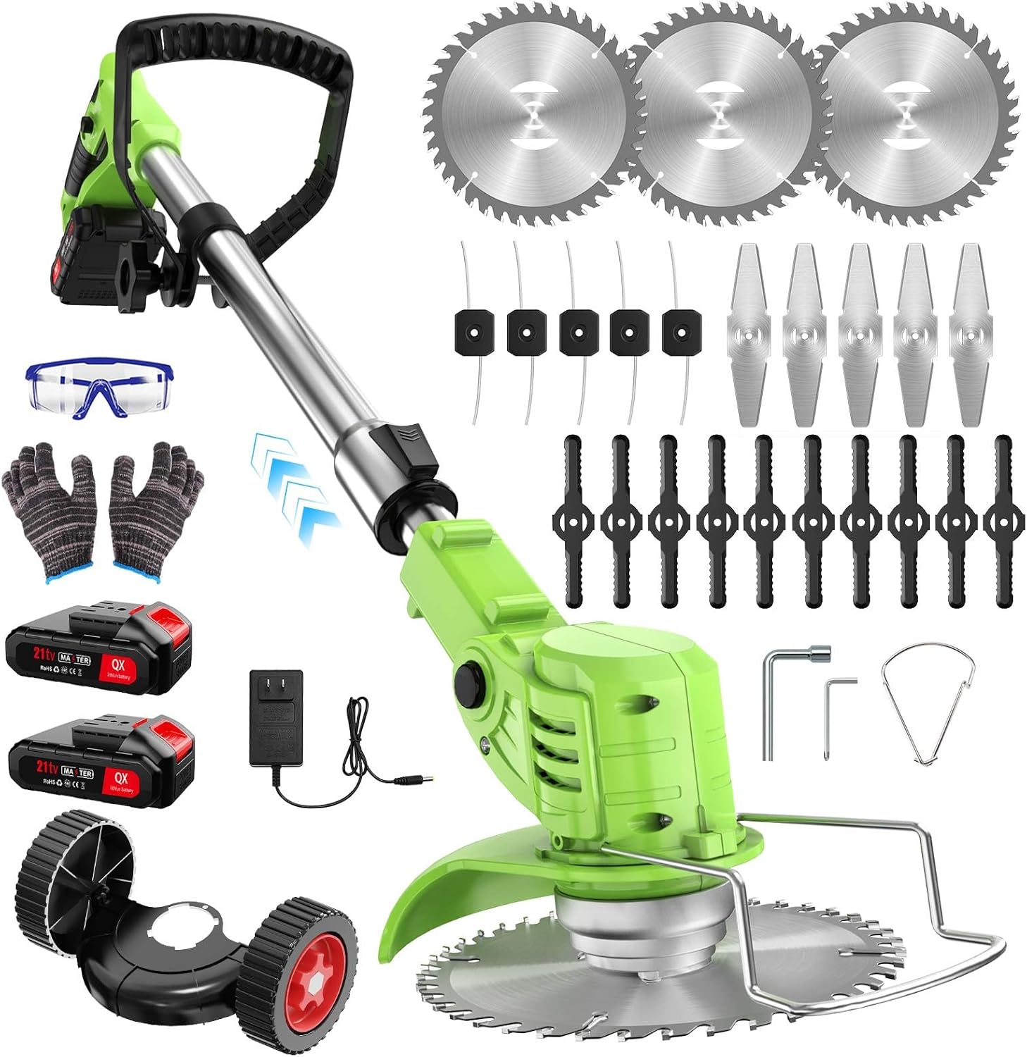 草刈り機 充電式 高性能 21V 4000mAhのバッテリー総容量 強力電動草刈り機 1880W 低騒音 補助ホイール 伸縮可 角度調整可 多替刃付き 農業および家庭用の芝刈り機 充電式