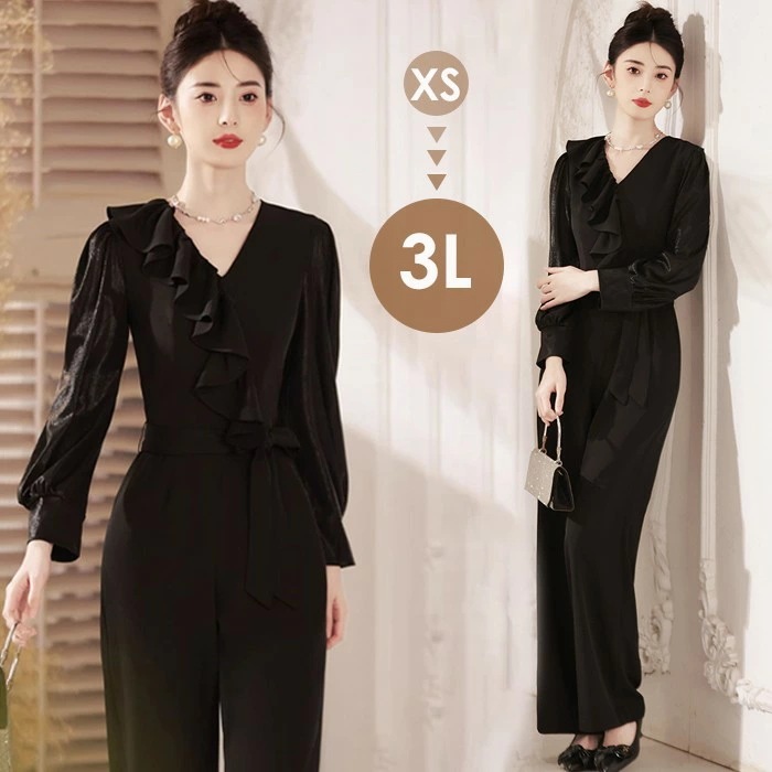 パンツドレス オールインワン 結婚式 二次会 お呼ばれ 演奏会 発表会 七五三 ワイド ロング丈 体型カバー 20代 30代 40代 長袖 袖あり ブラック Vネック きれいめ 母親 フォーマルドレス