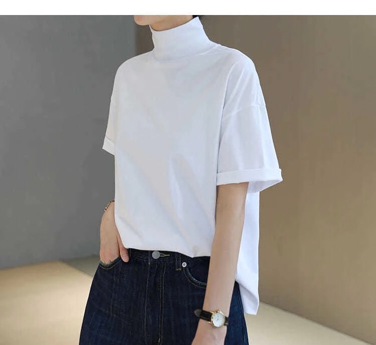 Tシャツ ハイネック レディース 春 夏 Tシャツ 半袖 無地 快適なトップ