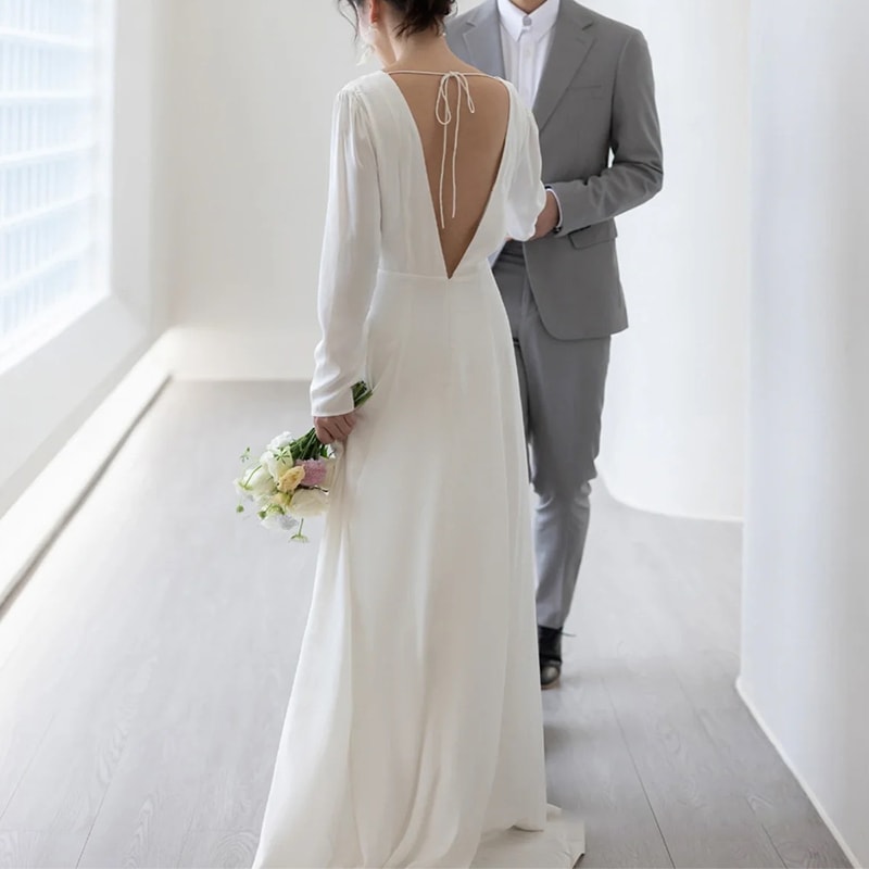 ドレス 衣装 ウエディングドレス イブニングドレス ロングドレス 長袖 Vネック 背中開き セミフレア フィッシュテール ステージドレス 発表会 かわいい 大人可愛い きれいめ シンプル 上品