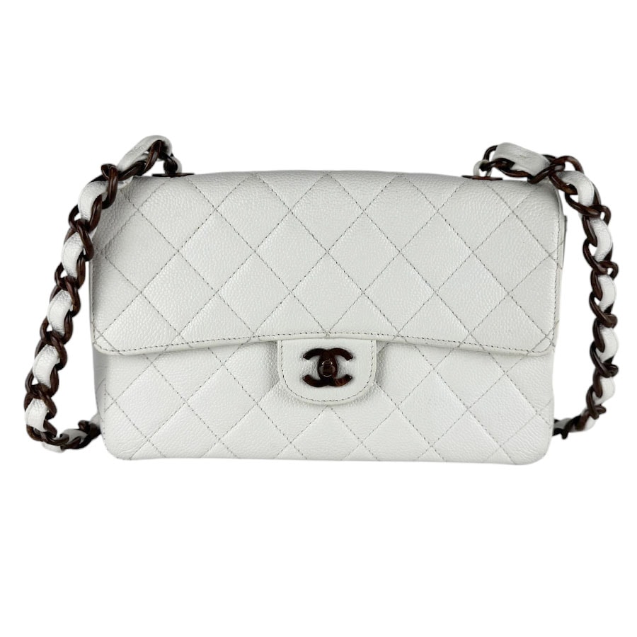 シャネル CHANEL ショルダーバッグ キャビアスキンレザー/ウッド ホワイト/ブラウン レディース z10075