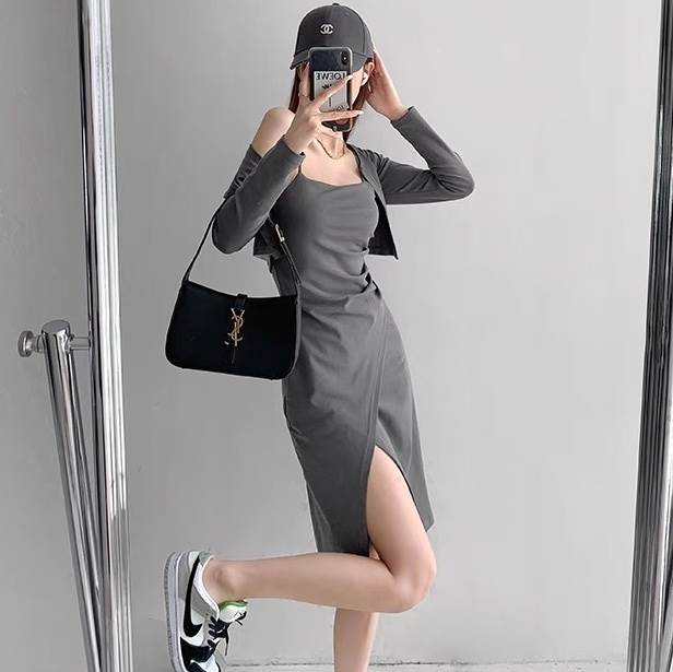 2点セット トップス ワンピース カーディガン レディース 羽織 前開き 膝丈 アシンメトリー 袖なし