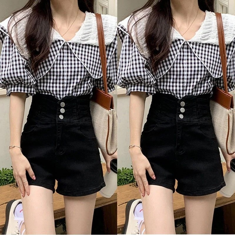 プラスサイズファットガールブラックハイウエストデニムショートパンツレディース夏薄手ストレッチデザインaライン痩身ホットパンツ