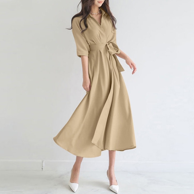 【人気沸騰】 リラックス ファッション POLOネック Aライン ボタン ギャザー エレガントワンピ