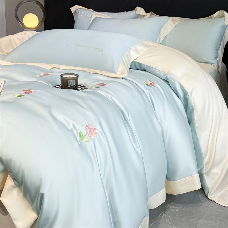 ウォッシュドアイスシルク刺繍4点セット夏涼しい学生寮3点掛け布団カバー裸寝シーツ寝具