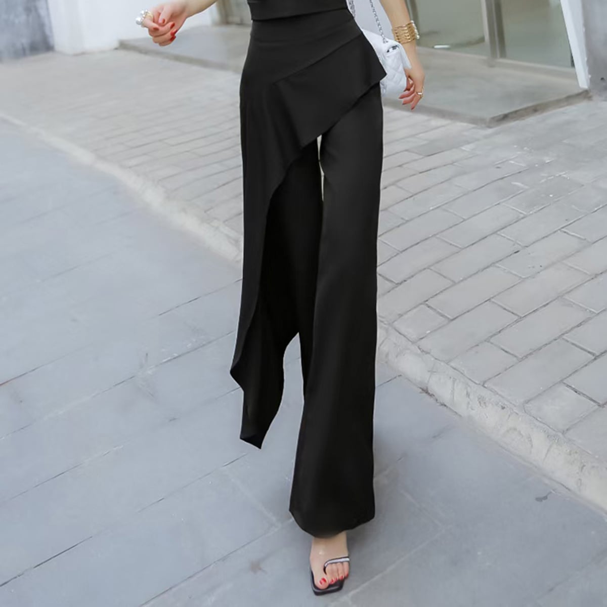 レディース パンツ ボトムス ストレートパンツ ワイドパンツ スラックス ロング アシンメトリー ワイド ストレート フォーマル ラップ フェミニン フリル ハイウエスト 薄手 大人可愛い きれいめ