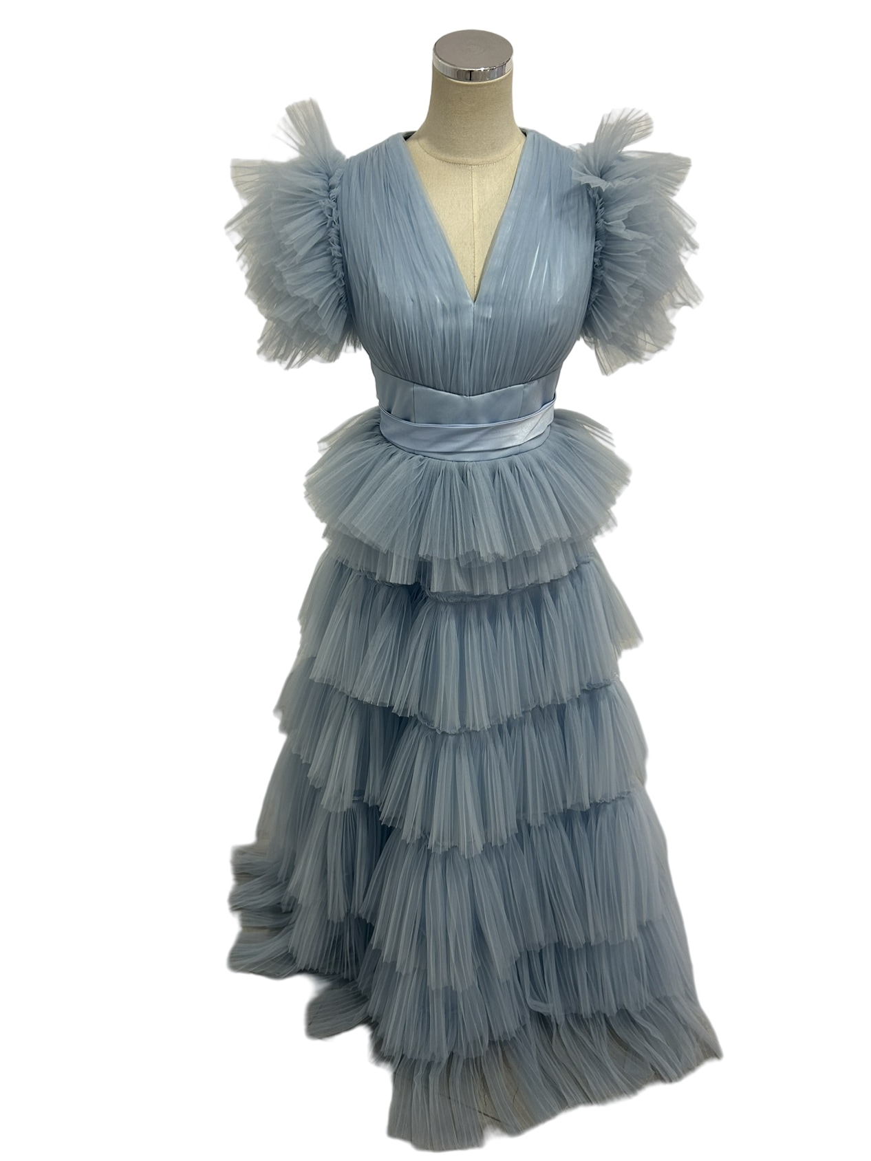 カラードレス グレー フリル チュールスカート ファスナー Aライン 揺らめく裾 花嫁