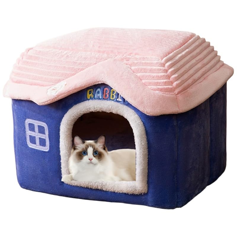 小型犬・猫用 ドーム型ペットハウス おしゃれ ふわふわふかふか クッション付き ぐっすり眠れる 室内用 分解水洗え 折りたたみ 滑り止め 収納可能 春夏秋冬対応 冬保温防寒 (ブルー M)