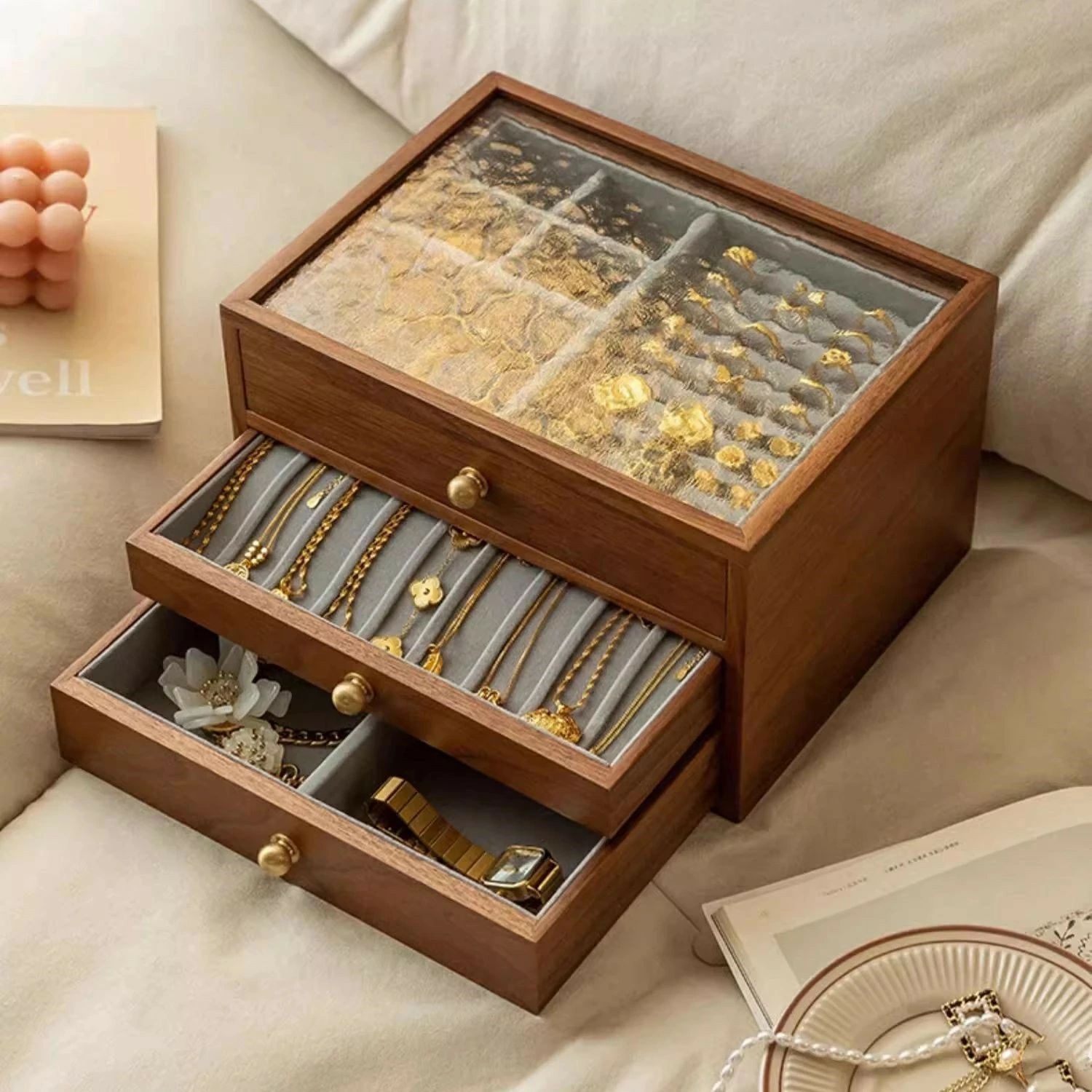 銘木 ジュエリーボックス アクセサリーケース 木製 仕切り調整 3段 大容量 ウールナット 透明 窓付き ガラス ウッドケース おしゃれ 高級 宝石箱 アクセサリー 収納ケース 指輪 リング ピアス/