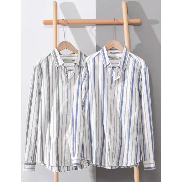 麻シャツ メンズ 長袖 綿麻　竹繊維ストライプ バンドカラー 胸ポケット カジュアルシャツ リネンシャツ 夏服 麻