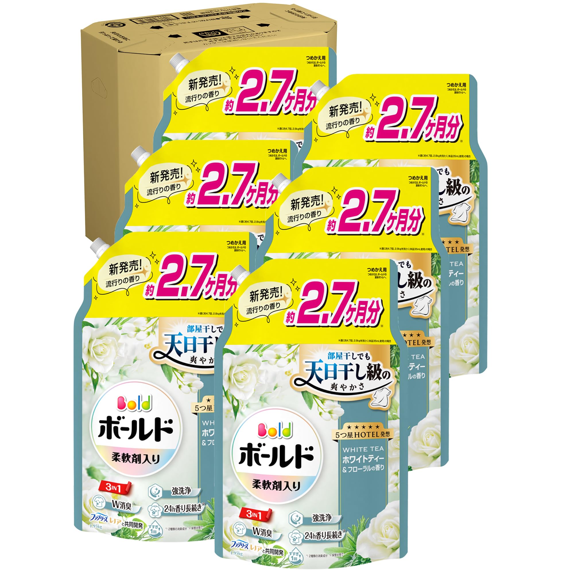 Bold ボールド 柔軟剤入り 洗濯洗剤 液体 ホワイトティー＆フローラルの香り 詰め替え 1950g×6袋 [大容量] [ケース品]