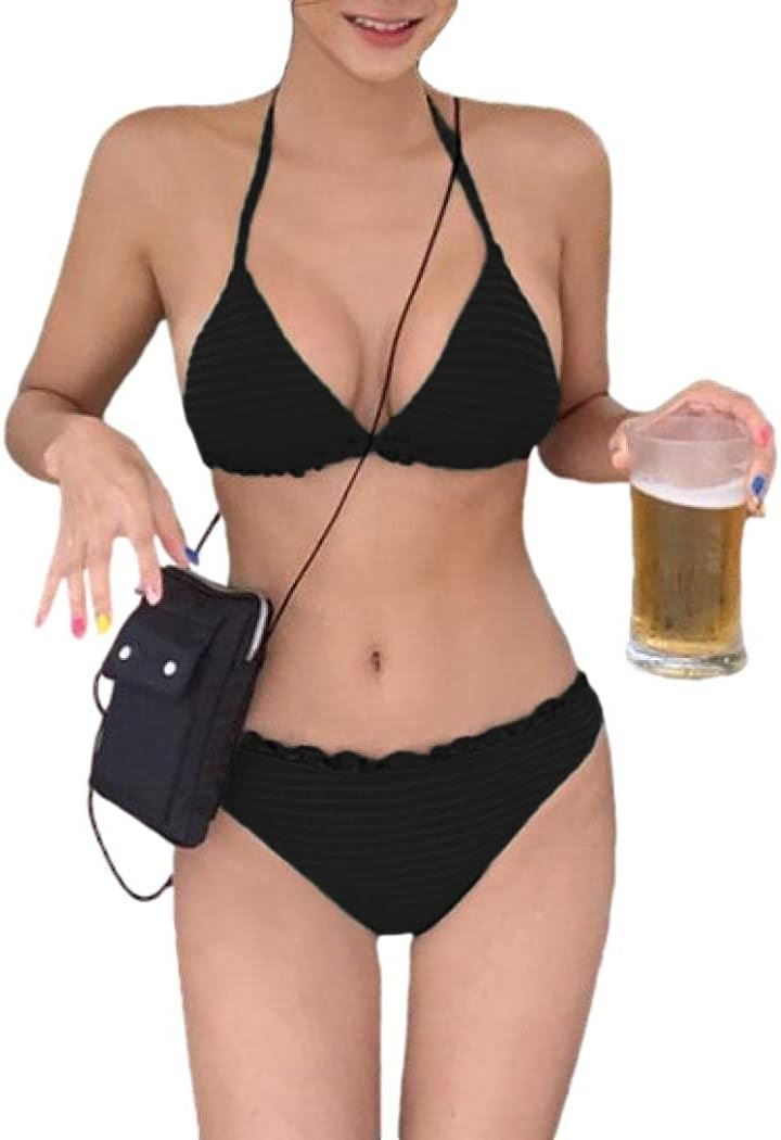 水着 レディース ビキニ セット ホルターネック 三角 スイムドレス ストラップ フリル セパレート パッド入り ワイヤーなし D01(ブラック, M)