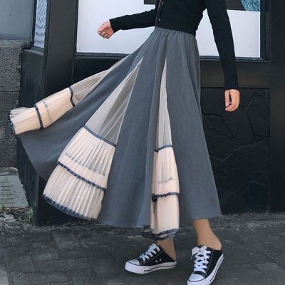 2色 スカート 春 秋 かわいい レディース プリーツスカート 膝下 ロング丈 プリーツ 切り替えデザイン ブラック グレー 大人可愛い きれいめ カジュアル 大人 上品 おしゃれ レトロ クラシカル