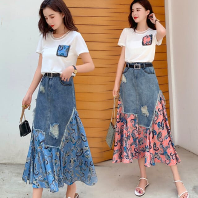 レディース デニムスカート 異素材ＭＩＸ ミモレ丈 フレア 2カラー 大人可愛い 4,714円