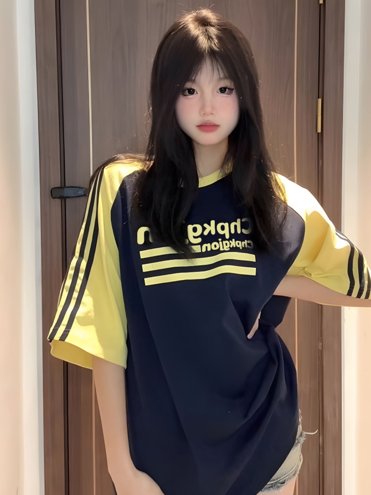 三本ラインの半袖Tシャツ女の子向け夏の高校生向けゆったりとした純綿トップス
