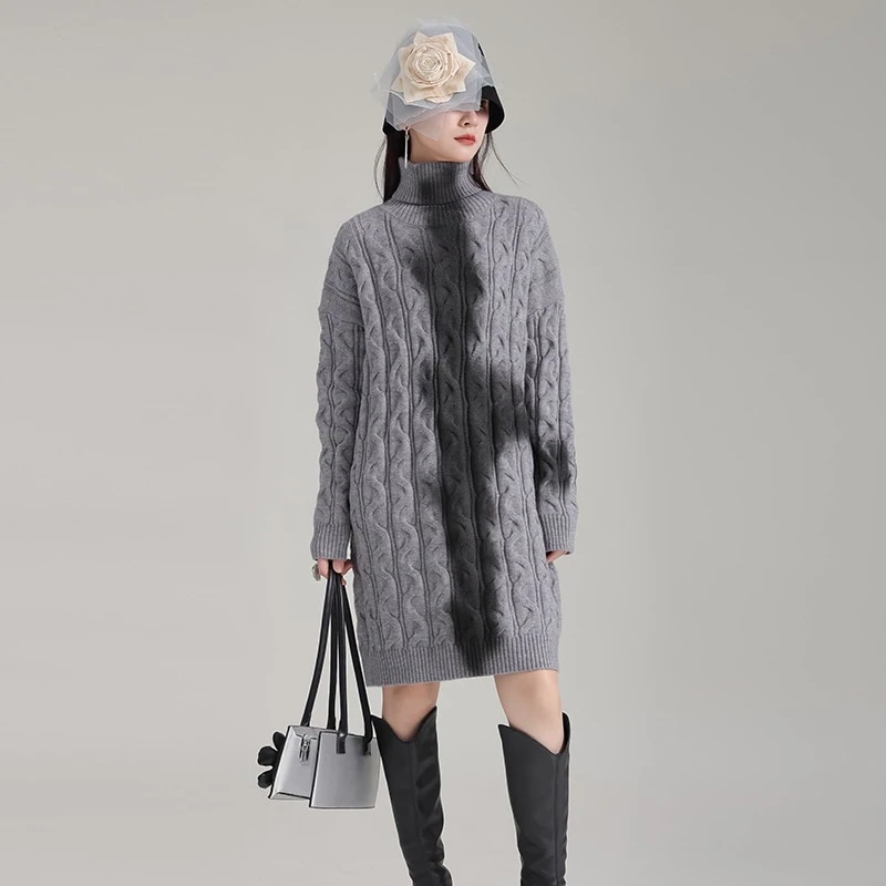 怠惰なセーターレディース2024春夏の新型が痩せているセーターのタートルネックニットワンピース30%制限