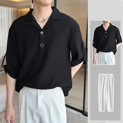 26新作スーツ ゆったり 半袖シャツ+ロングズボン カジュアル 2点セット ポロシャツ トレンド メンズ 最安値に挑戦