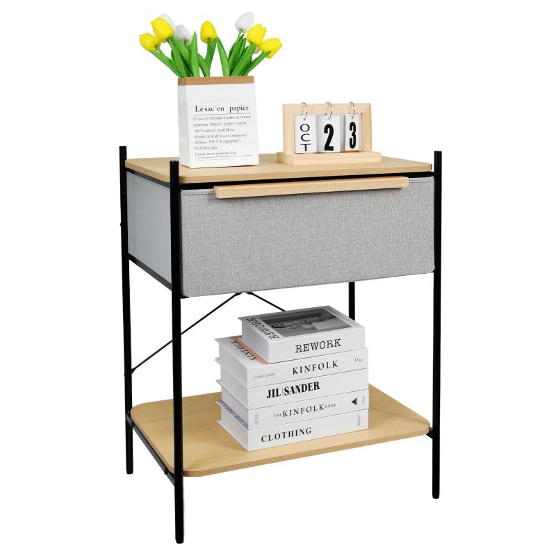 モダンナイトスタンド 3段収納付き 防水棚＆ファブリック引き出し頑丈な金属フレーム ベッドサイドテーブル 寝室・寮・リビング用 ライトグレー ブランド: Luminexis