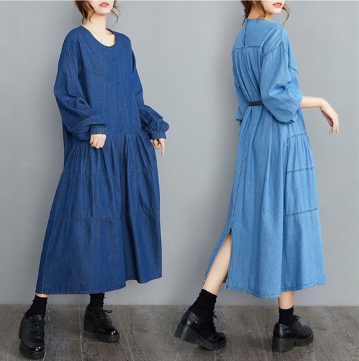 スカート ワンピース チュニック ロングスカート フレアスカート デニムワンピース ワンピドレス ロング 袖なし 長袖 ボリューム袖 ラウンドネック ワイド Aライン デニム ブルーデニム