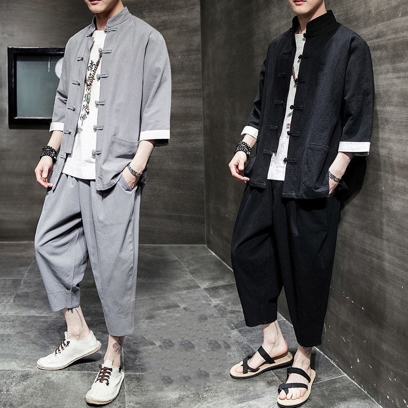 チャイナ風 綿麻 セットアップ メンズ レトロ 七分袖 シャツアウター+七分丈パンツ 2点セット 漢服429