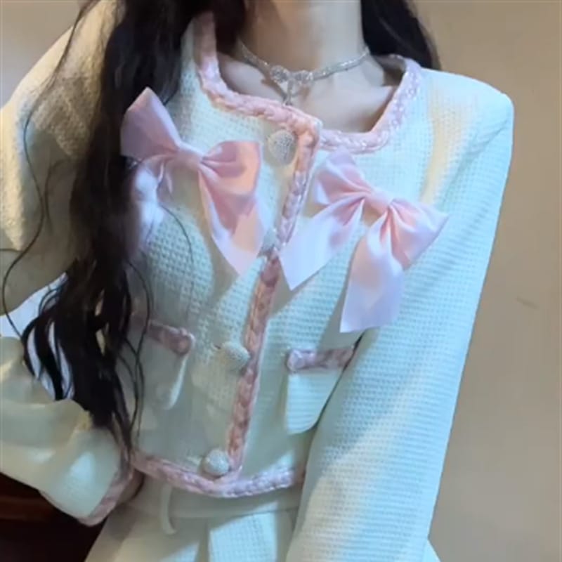 秋冬韓国風スイートリボン長袖スハイウエストとスリムなaラインスカートがトレンド女性用