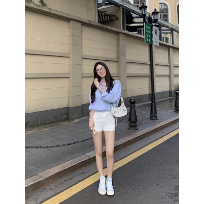 マルバンホワイトデニムショーツレディースロールカジュアルパンツハイウエストスリムストレッチAラインヒップパンツ