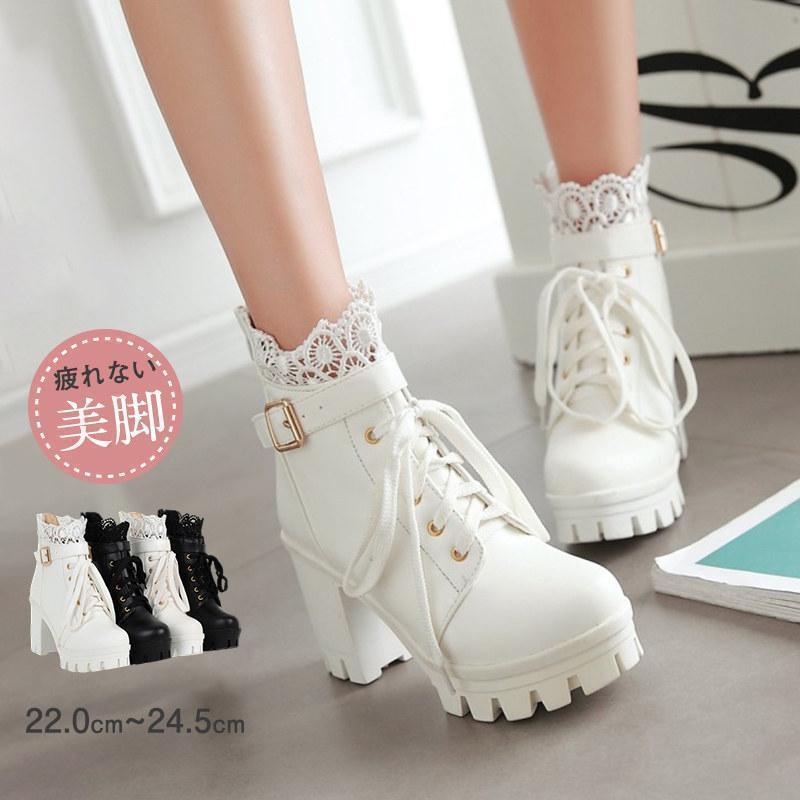 【今週の新品30%OFF】　姫系 革靴 秋冬 ロリータ 靴 レディース ブーツ ショートブーツ 編み上げ レースアップ かわいい ガーリー ロリータ 厚底 おしゃれ