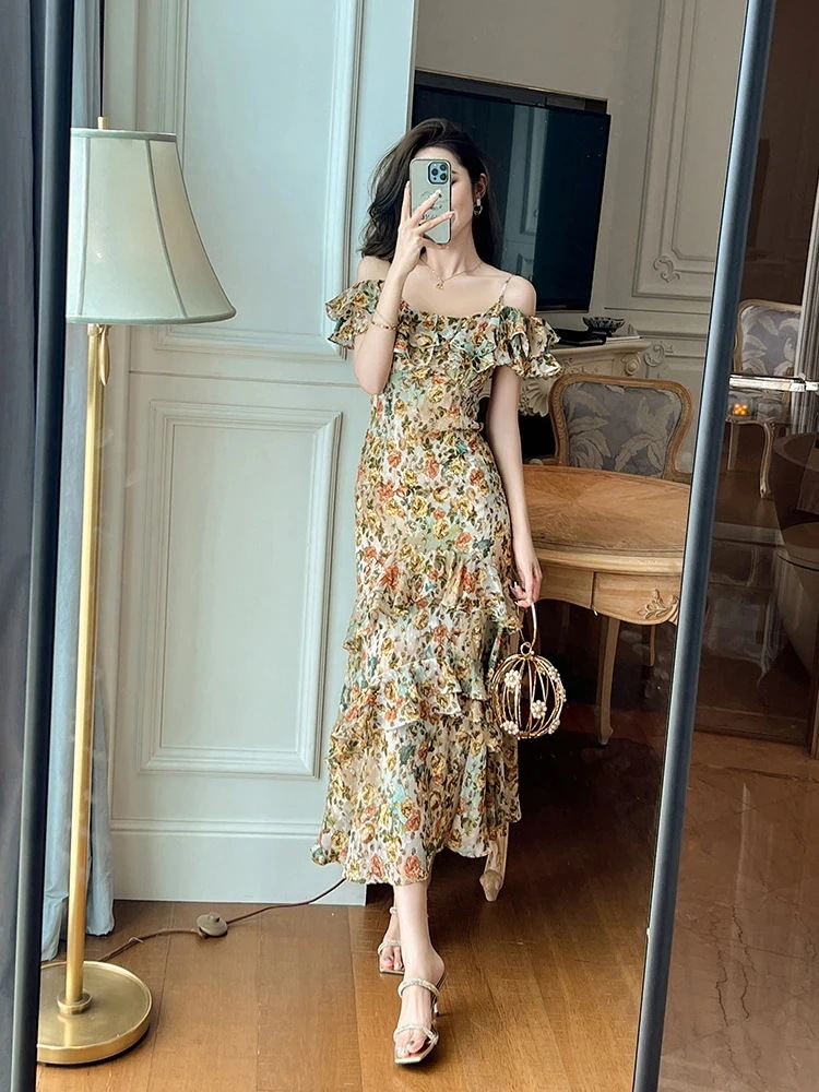 キャミワンピース オフショル 夏 柄ワンピース フリル ドレス パーティー キャバ 着痩せ 大人 お呼ばれ 同窓会 披露宴 卒業式 結婚式 ウェディング 二次会 成人式30%までに制限