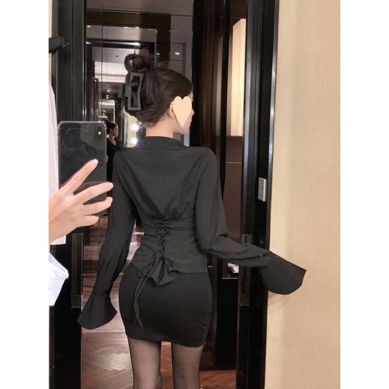 【1つ買うと10つ無料】春と秋の女性のためのホワイトカラーフレアスリーブシャツスリムウエスト長袖