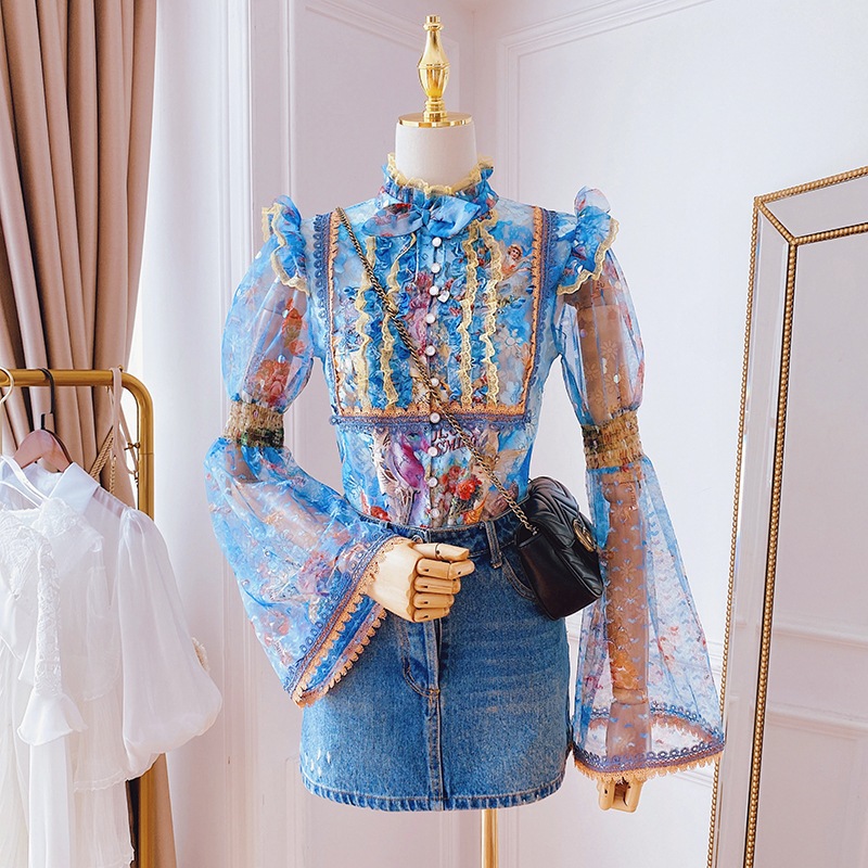 総柄レースブラウス プリント レース シャツ ブラウス 長袖 レディース トランペットスリーブ トップス フリル 大人 上品 きれいめ a4340