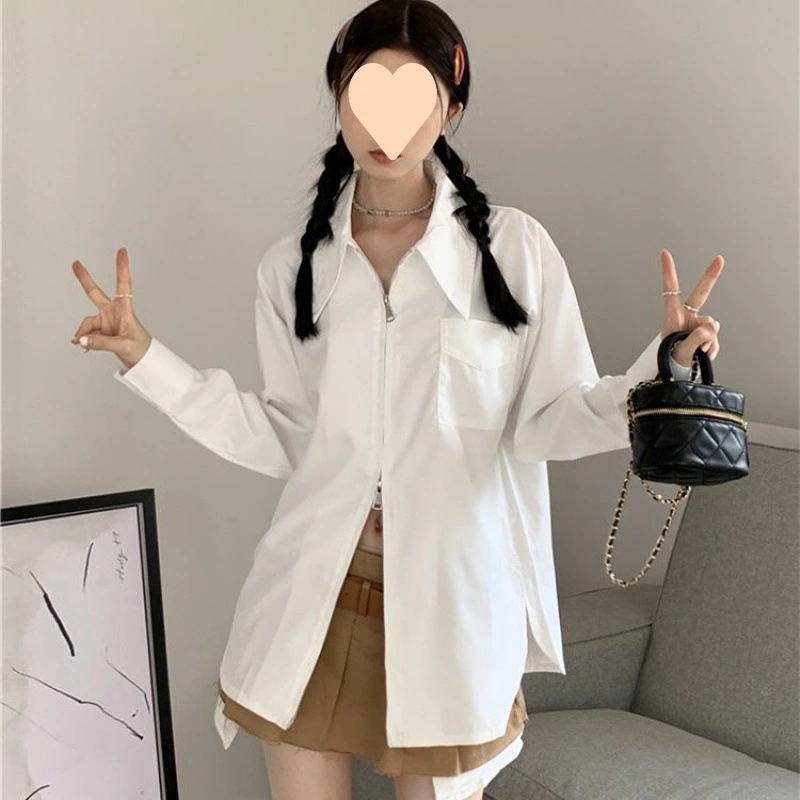 【1つ買うと10つ無料】秋の女性のためのジッパーの白い長袖シャツゆるくてスリミングシャツユニークでな 31,522円