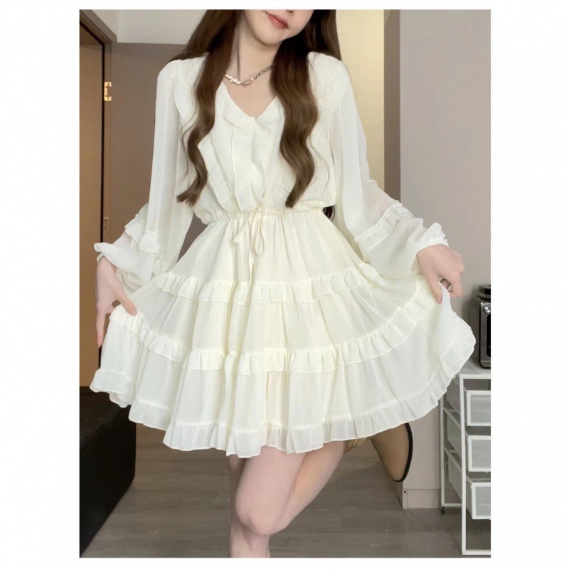 【1つ買うと10つ無料】スイートプリンセスドレス2025春と夏の夏のレンピー気質 ラインロングスリーブスカート