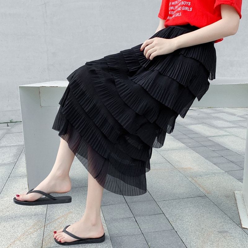 【1つ買うと10つ無料】春と夏の女性のためのの黒いスカートシフォンプリーツケーキスカートミッドレングススリムレディスカート