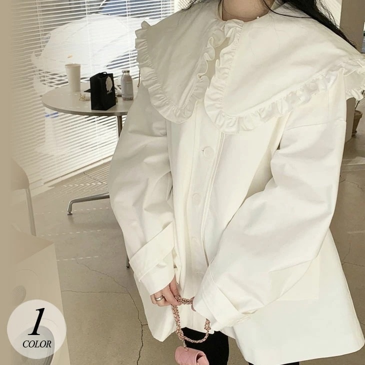 【2025新作 急速出荷】大きめ襟 フリル Aライン チュニック ブラウス 長袖 トップス フレア セーラー襟 ボリューム袖 ゆったり 大きめ 可愛い フェミニン きれいめ 上品 春 夏 秋 無地 ホ