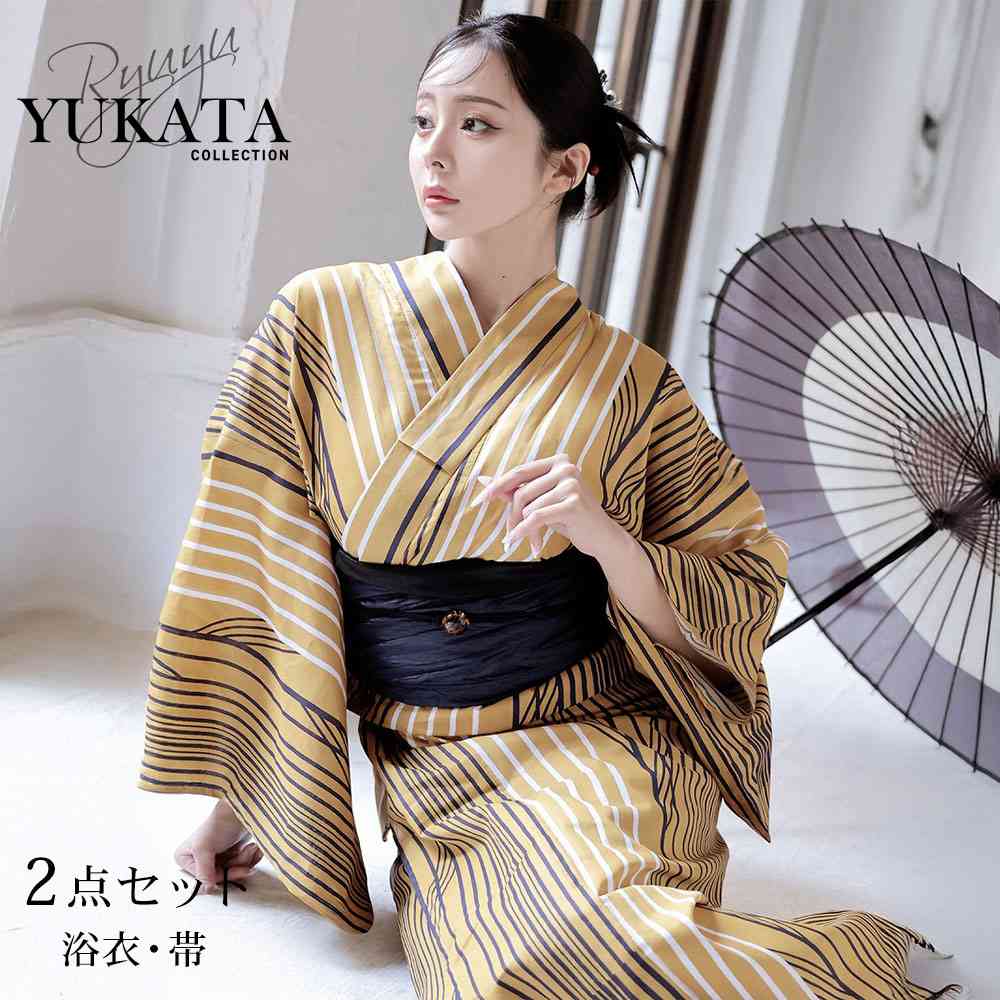 浴衣 イエロー レトロモダン 縦縞模様 ストライプ 古典柄 シック おしゃれ 個性的 大人浴衣 きれい Ryuyu