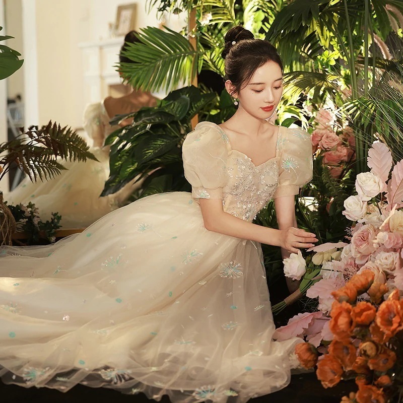 2025 春シャンパンカラー妖精イブニングドレス パフスリーブ 姉妹用 学生美術試験