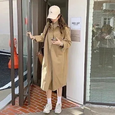 ロングシャツスカートレディース春春冬春ドレス韓国版新しい怠惰なスタイルルーズルーズミートカバーカジ