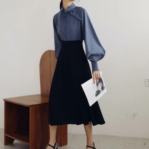 【即納】セットアップ 2点セット ツーピース 無地 春 秋 冬 長袖 ロング おしゃれ 可愛い シフォンブラウス シャツ 三角襟 バルーン袖 ボリューム袖 リボンタイ サロペットワンピ ロングワンピ