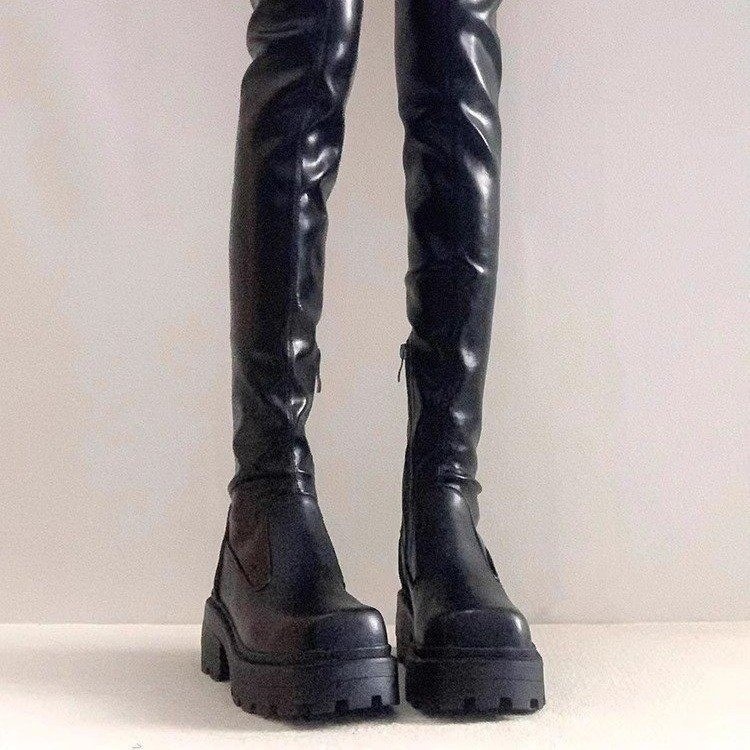 オーバーニーブーツ レディース 2024秋冬 スエード ハイブーツ 厚底太めヒールベルベットで小柄な方でもスリム見え