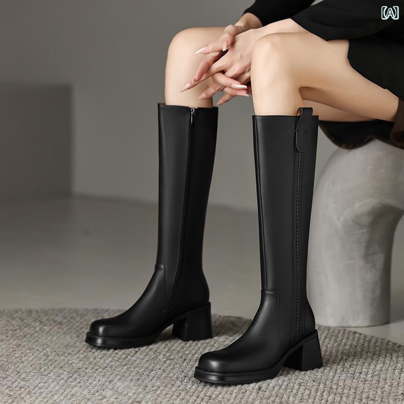 ロングブーツ レディース タイトフィット シンプル おしゃれ スタイルアップ レトロ ブラウン 太い ヒール ハイヒール ナイト ブーツ 革 ハイ ブーツ ラウンド ヘッド 冬 裏起毛 スリム ブーツ