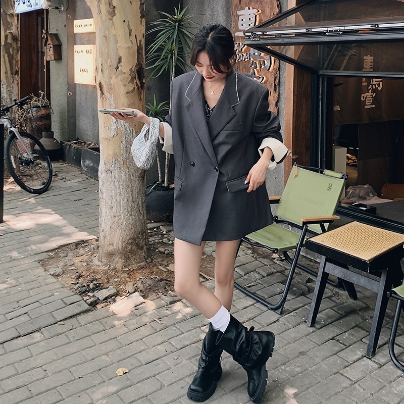 デザインセンス グレー スーツジャケット レディース 2024 秋 新作 韓国 ゆったり ファッション カジュアル シルエット スーツ トップス