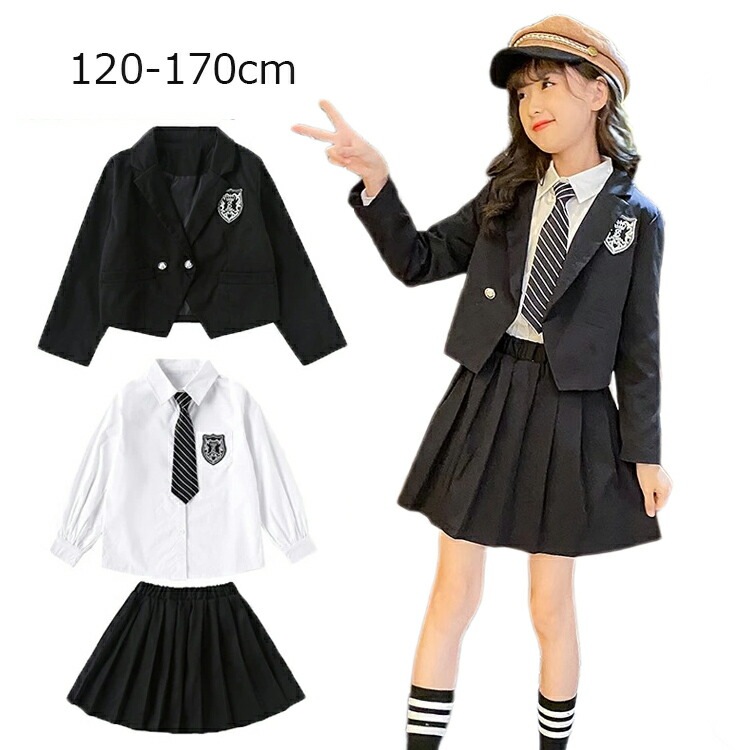 入学式 スーツ キッズ 4点セット 女子 制服 120 130 140 150 160 170 ジャケット スカートスーツアップ ジュニアスーツ 可愛い ネクタイ付 JK制服 学校制