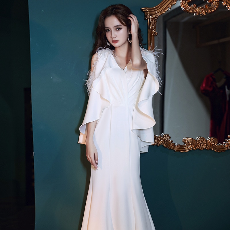 袖あり タイトワンピース ウエディングドレス ナイトドレス パーディードレス ピアノミモレドレス 結婚式 二次会 舞台用 披露宴 演奏会-950