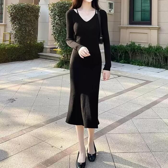 エレガント 20代 フェミニン タイト ミモレ丈 長袖 シンプル パープル 冬 40代 スレンダー ワンピ 春 可愛い 大人 スリム Vネック ブラック 30代 体型カバー 秋 レディース 黒 ベージ 5,032円