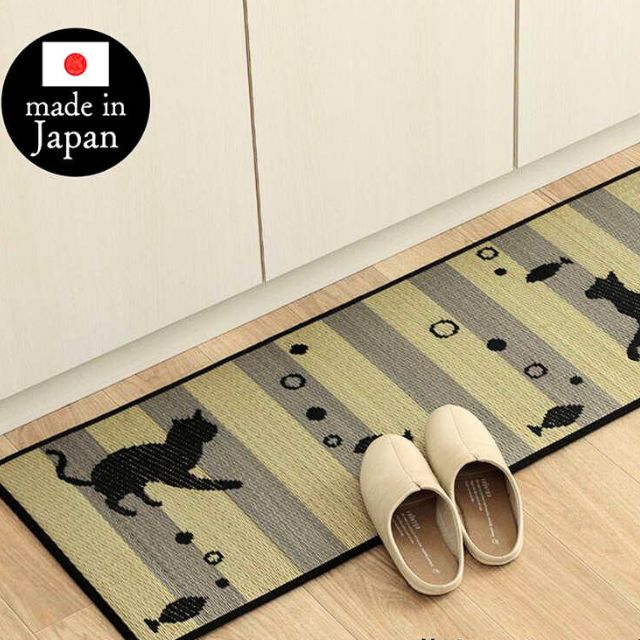 キッチンマット 270x60cm 猫柄 ネコ ねこ 日本製 国産い草 キッチン 夏用 ラグカーペット 滑り止め付き