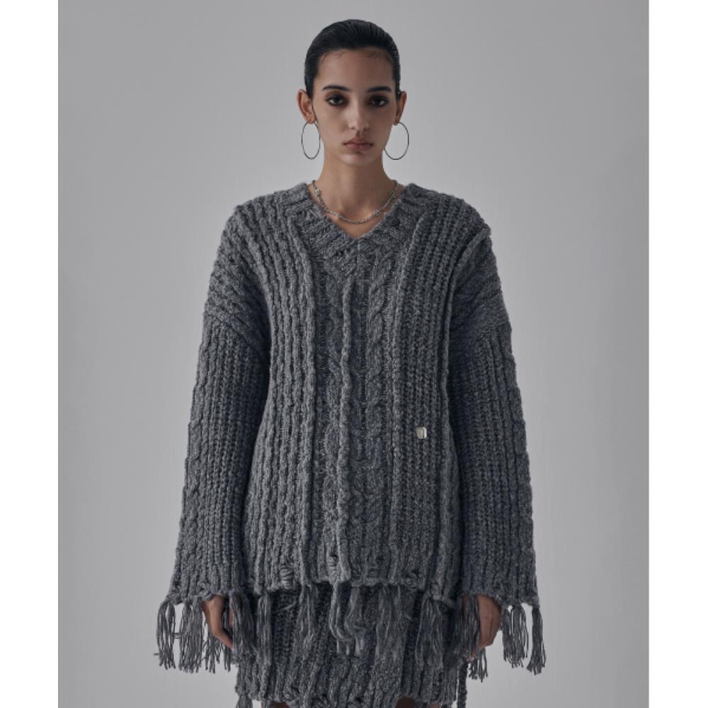TREEMINGBIRD Wool Damage Tassel Knit SetUp Pullover Gra