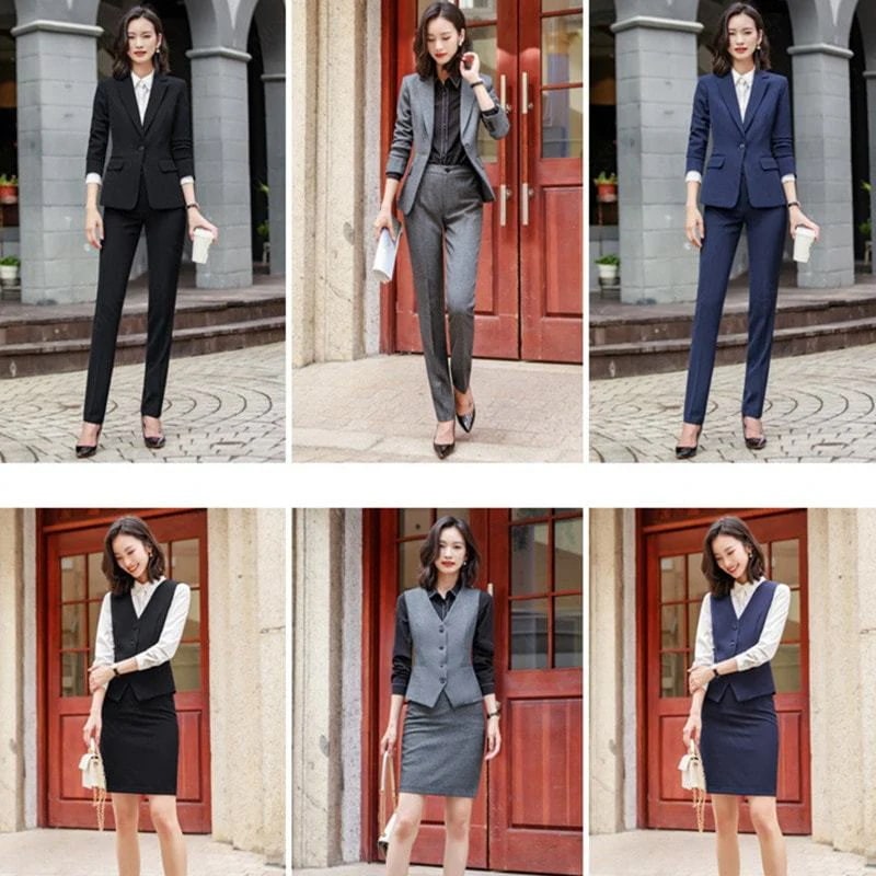3色S-4XL大きいサイズ春秋冬新金大人レディーキャリアウーマンけいたいシングルバックル正装キャリアウーマン成人ファッション気質エレガント修身OL職業服5点セットスーツズボンシャツベストXZFS05